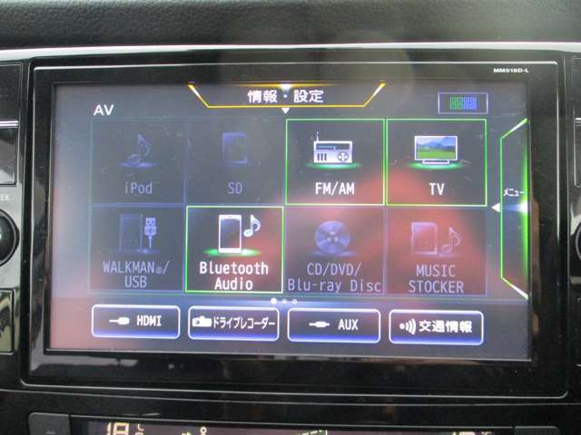 フルセグTV/CD/DVD/Blu-rayDisc/FM/AM/Bluetooth-Audio/SD/SDミュージックストッカー/AUX/USB。