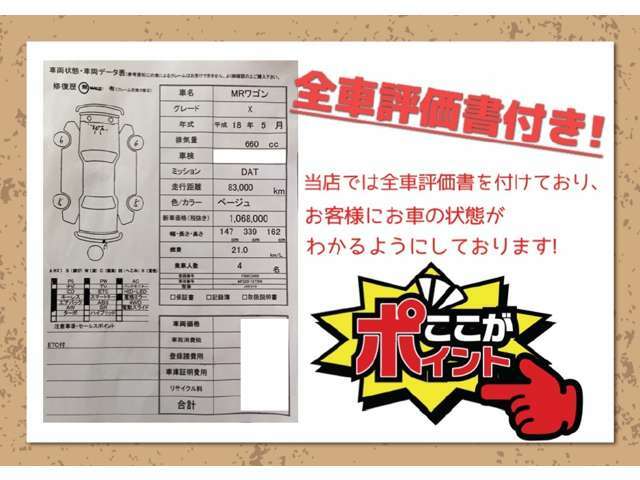 全車評価書付き！車両状態が一目でわかります！