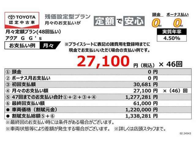 当社おすすめのお支払いプラン（残価設定型プラン）詳しくは営業スタッフまでお尋ねください