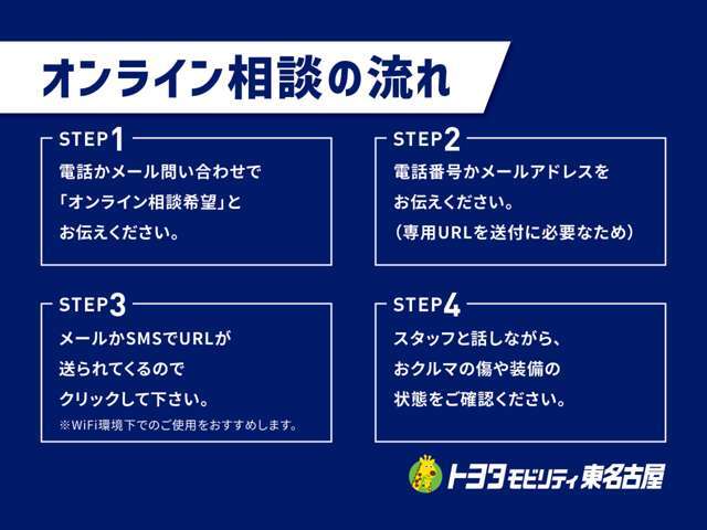 ご希望の場合はお問い合わせ時に「オンライン相談希望」とお伝えください。ご指定いただいたメールアドレスにオンライン相談用URLを送りますので、あとはクリックするだけです