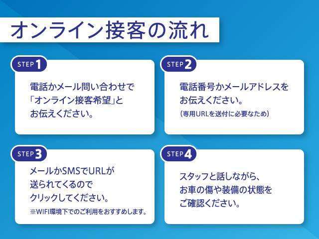 当店はオンラインに特化した新しいスタイルの店舗です。スマホやPCをTV電話のようにして、車両の状態や装備の詳細を見て頂けます。難しい操作は何もありません。携帯番号もしくはEメールアドレスがあればOKです！
