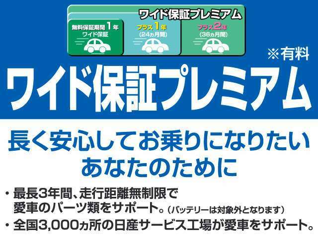 Aプラン画像：有料の延長保証でご購入から最長3年間まで保証を延長出来ます。（走行距離無制限）