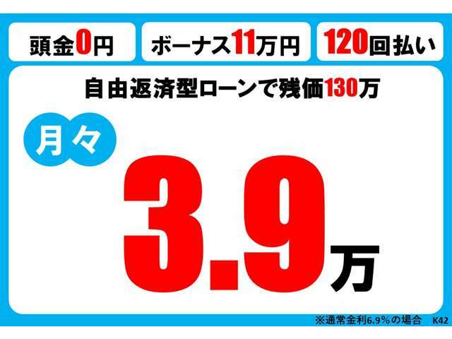 お得に乗り出せるプランをご提案しております！こちらは金利6.9％でのお支払いプランです。当店ではさらに低金利でのご利用プランもご提案しております！