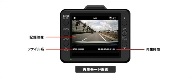 本機モニターで2.0インチのフルカラーTFT液晶で、記録映像を車内ですぐに確認できます。またモニターで実際の映り方を確認できるため、装着時の画角調整やセッティングもスムーズに行えます。
