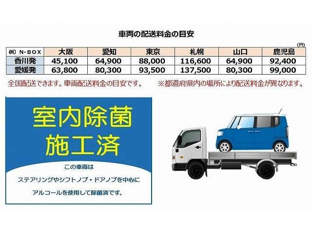 全国配送できます。車両配送の目安料金です。ご希望の配送先を、お気軽にお問い合わせ下さい。又この車両は、ステアリングやシフトノブ・ドアノブを中心にアルコール使って除菌済です。