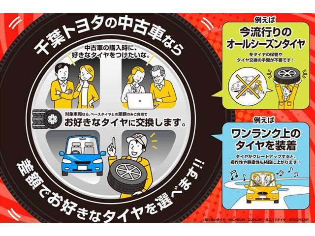 当社でこちらのお車ご購入のお客様にタイヤ4本無料交換致します。ベースタイヤとの差額ご負担でお好きなタイヤへのアップグレードも交換可能です。オールシーズンタイヤへの交換などいかがですか。