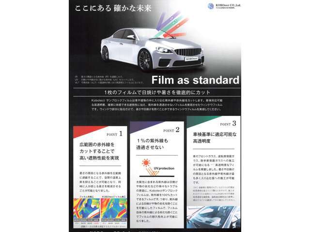 FAB　RIDE遮熱フィルムの特徴　1.赤外線99％カットにより、室内温度の上昇を抑える　2.紫外線（UV）100％カットにより、内装劣化・紫外線から守る　3.ガラス破損時の飛散防止　高機能フィルム！