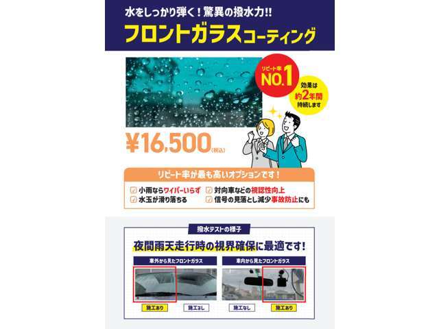 雨の日の視界をクリアに保ち、安全運転をサポートします。水滴が弾かれ汚れもつきにくく、お手入れが楽になる便利なコーティングです。