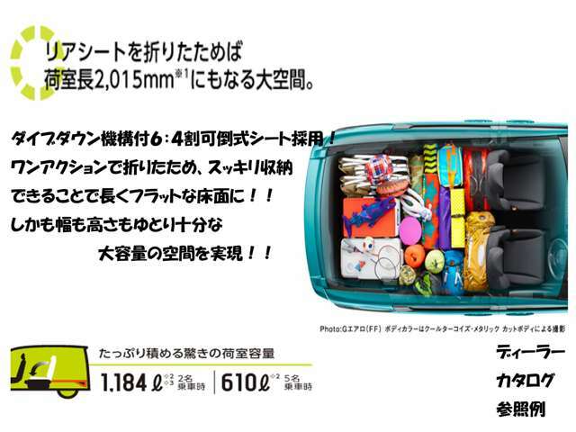 5名乗車時でも十分な広さ。2名乗車時にリアシートを折りたためば、フルフラットフロアを持つ大容量空間に。いっぱいの荷物や大きな荷物も余裕で積めて、足をのばしてゴロ寝もできます。