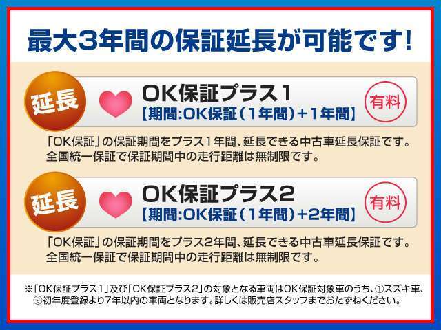 1年間・走行距離無制限の「OK保証（自動付帯）」を、保証料をお支払い頂くことで、さらに1年延長することが出来るプランです。