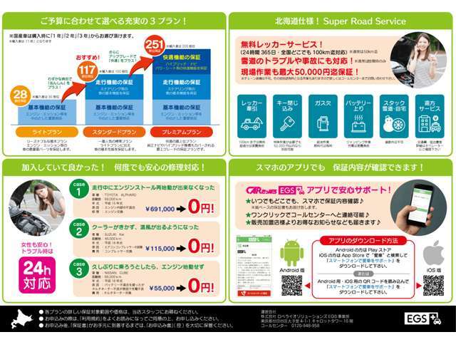 車は1度調子が悪くなると、次々に壊れてくることがデータで出ております。機械物はいつまでも大丈夫だとは言えません。いつか来るその時のために、入って損はないプランです。壊れてからでは遅いのです・・・