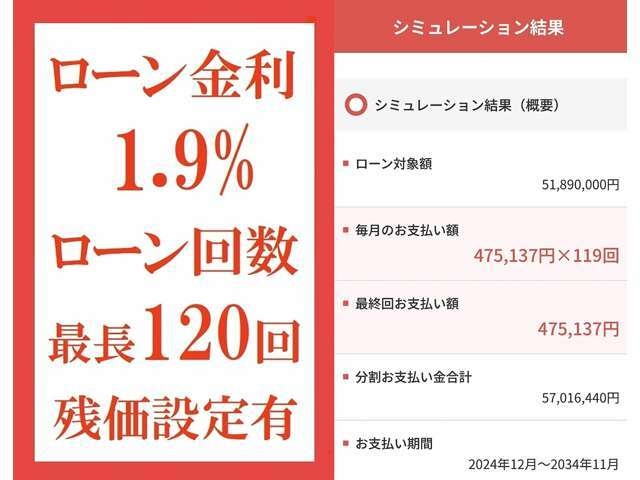 ローン金利1.9％　最長120回迄　（　例：総額5，189万円頭金無し・120回均等払いの場合475，137円