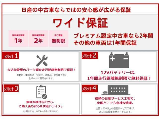 ◆保証◆1年間走行距離無制限保証が車両本体価格に含まれてます（車両30万円以上）ので全国の日産ディーラーにて保証が可能です。◆ワイドプレミアム保証◆最大で2年延長の3年保証・走行距離無制限