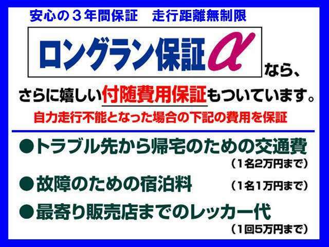 Aプラン画像：とっても安心3年間保証付のプランです。上記3つの付随費用保証つきで約60項目5，000部品が保証対象になり、もちろん走行距離は無制限です！ぜひご活用ください。※消耗品は除く。