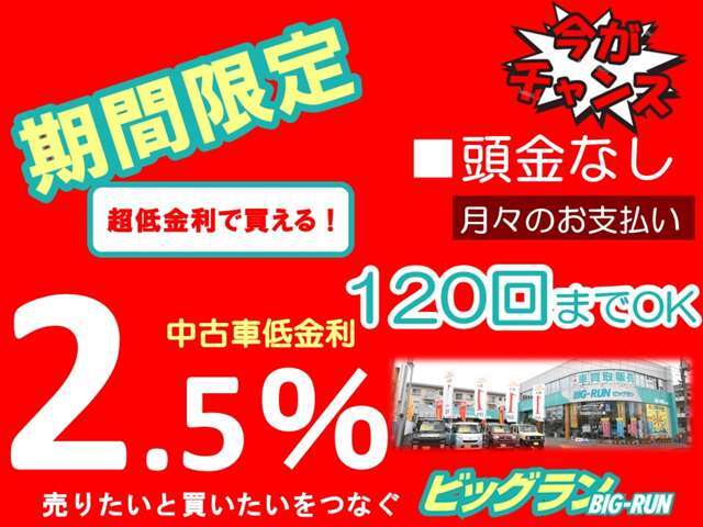 ★期間限定★当社オートローンが金利2.5％でご利用いただけます。支払い回数は最長120回迄OK♪頭金、ボーナス払い無しでもご利用いただけますし、繰り上げ返済も可能なプランとなっております♪