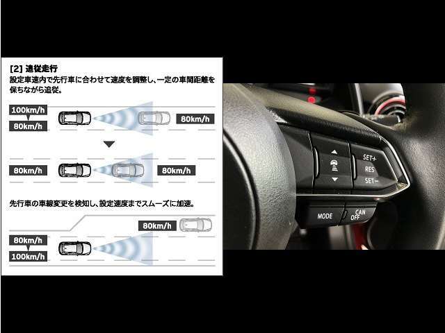 【　MRCC　】ミリ派レーダーで前方の走行車との車間距離を認識。30から100km/hの範囲で、自動追従走行を可能にしています。