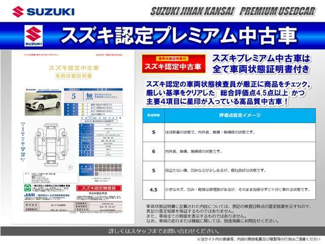 スズキ認定の車両状態検査員が厳正に商品をチェックした安心・信頼の車両状態証明書付です。プレミアム中古車は、厳しい基準をクリアした総合評価点4.5点以上且つ主要4項目に星印が入っている商品のみを厳選！