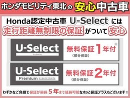 正規ディーラーの当社の物件は品質に自信があるので走行距離無制限の無料保証が付いています。外出先でトラブルがあっても東北6県のネットワークで当社をはじめ全国のHonda Carsで対応するので安心です。