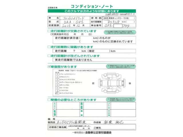 こちらのフィットハイブリッドはトランクフロアパネルを修正していますが、綺麗に直しておりますので走行に支障はございません。安心してお乗りいただけます。