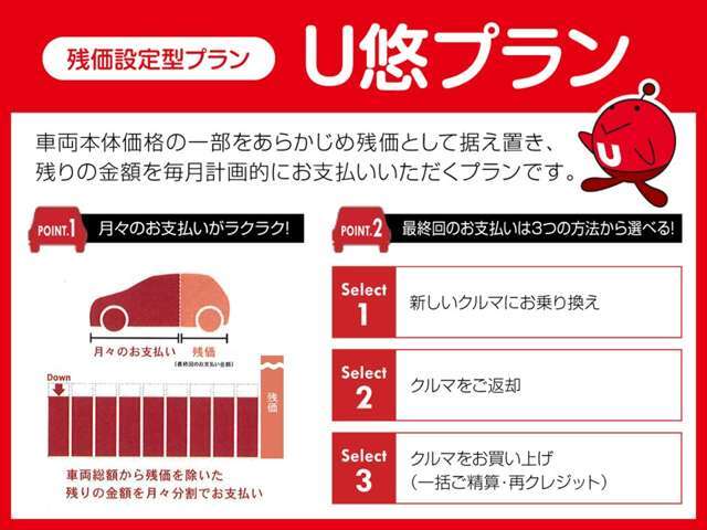 残価設定型プラン「U悠プラン」車両本体価格の一部をあらかじめ残価として据え置きますので、月々のお支払いがラクラク♪試算もできますので店舗へお気軽にお問い合わせください☆