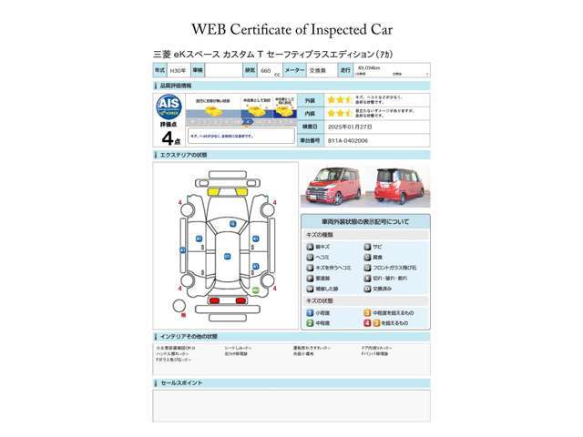 第三者評価機関「AIS社」の車両検査済み！総合評価4点（評価点はAISによるS～Rの評価で令和7年1月現在のものです）