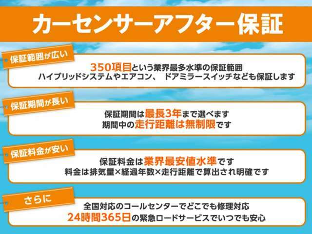 カーセンサーアフター保証半年プランから最長3年まで取り扱っています。詳しくは販売店までお問い合わせ下さい。