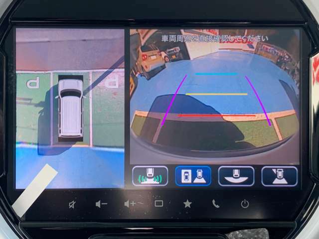駐車もラクラク、フロント、リヤ、左右両サイドの計4カ所に設置したカメラで、車両周辺の映像を映し出し、駐車を支援するシステム。3つの視点を切替できます。