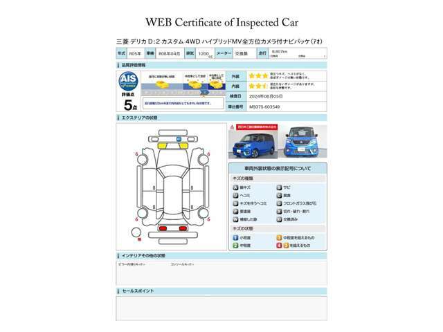 第三者検査機関 AIS社の車両検査済み！総合評価5点（評価点はAISによるS～Rの評価で令和6年8月現在のものです）☆