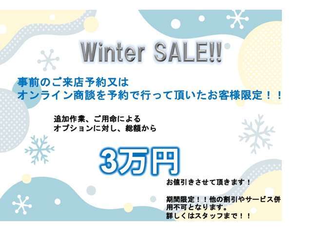 WinterSALE！！追加作業、ご用命やオプションに対して最大3万円総額からお値引きいたします！！期間限定のキャンペーンのためお早めにお問い合わせ下さい！