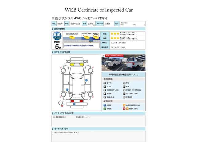 第三者評価機関「AIS社」の車両検査済み！総合評価5点（評価点はAISによるS～Rの評価で令和6年12月現在のものです）です♪