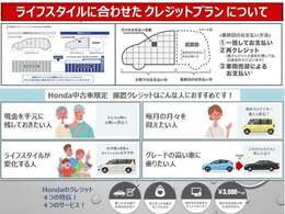 当分割払いをご希望の方には当店扱いの『ホンダファイナンス』が便利です。当分割払クレジットの他に、最終支払い額を設定し月々の支払いを抑える『中古車据置クレジット』もございます。（各種条件がございます）