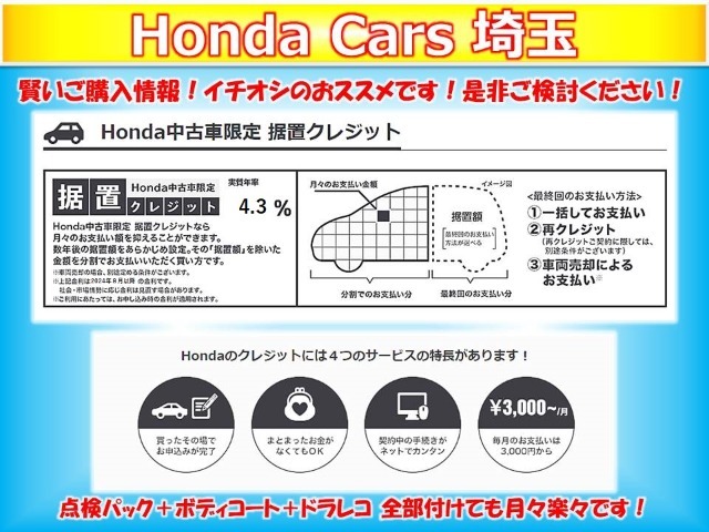 ホンダカーズ埼玉では通常のクレジットよりも月々の支払いが抑えられる据置クレジットをおススメしています。月々の支払いを抑えながらワンランク上の車へ…いろんな車を乗ってみたい方にもおススメです！