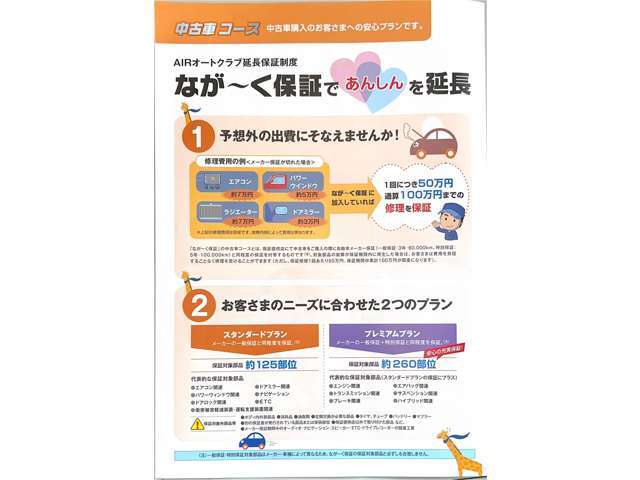 メーカー保証に準じた安心の延長保証プラン！トラブルが心配な中古車ご購入時におすすめです。充実保証の260項目♪ご購入及び加入希望の際は、お気軽にお尋ねください