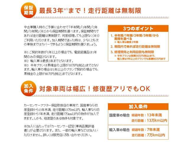 カーセンサーアフター保証取扱店の車両で、国産車なら初度登録から13年未満、走行距離13万キロ内、輸入車なら初度登録から7年未満、走行距離7万km以内の物件が加入できます。しかも、修復歴のある物件も対象です。