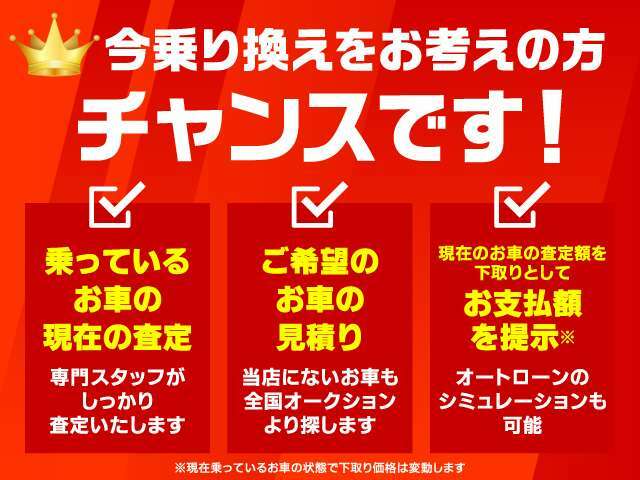 現在中古車価格が上昇しております。今お乗りの下取り車を高額査定させていただきます。もちろん納車までの乗り換えOKです。