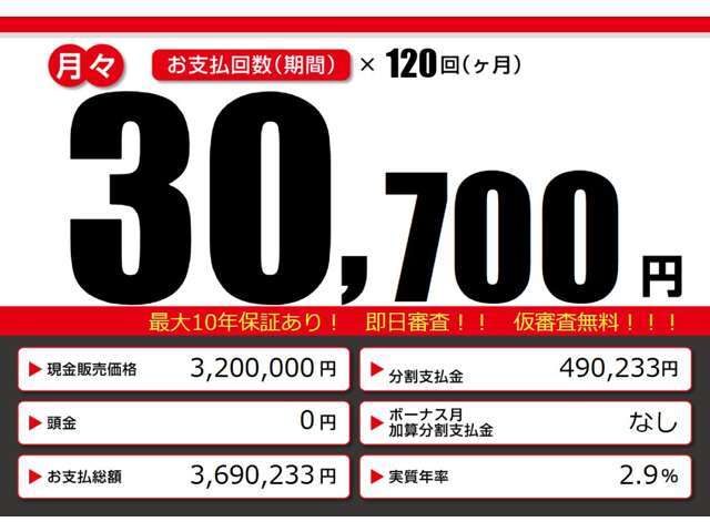 こちらの車輌をローンでのご購入をご検討中の方へ。月々の目安支払額になります。あくまでも、表示の条件によって算出された額になります。お客様のご購入の条件によって変動致しますので、詳しくはスタッフまで！！