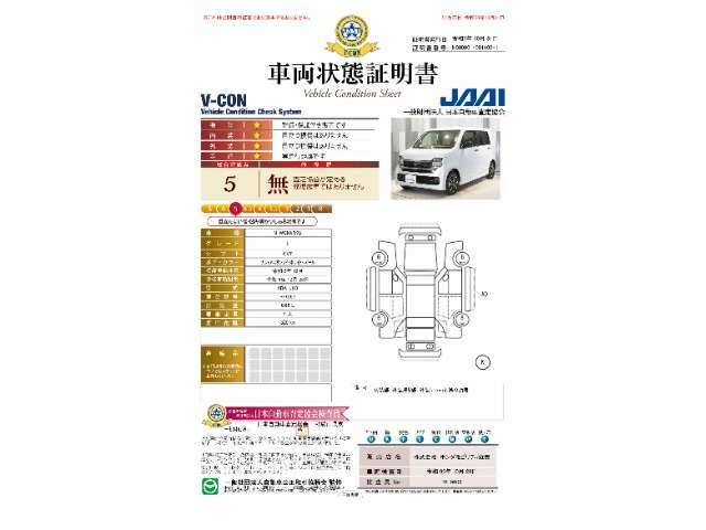 当店に並んでいる展示車には、日本査定協会発行の『車両状態証明書』をお付けしています。修復歴の有無はもちろん、車両状態図を見ながら実車でご確認いただけますのでより安心してご購入いただけます。