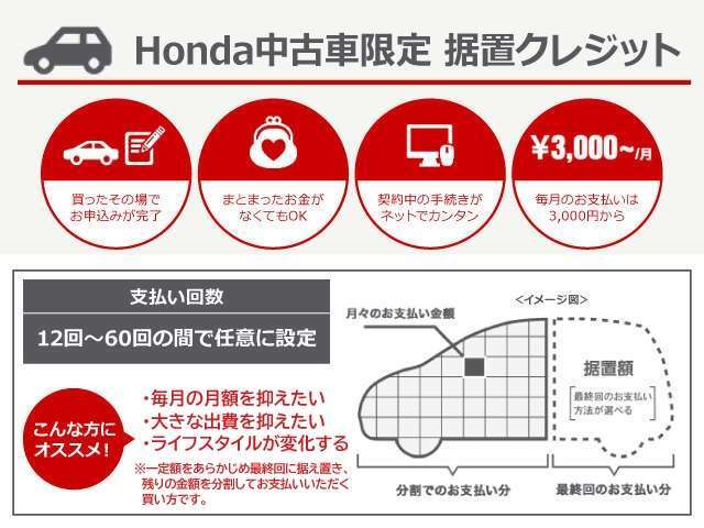 Honda中古車限定【据置クレジット】一定額をあらかじめ最終回に据え置き、残りの金額を分割してお支払いいただく買い方です。
