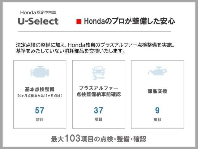 Honda認定中古車ならではの無料保証付き！延長保証も御用意しております。ハイブリッド車両については初度登録から10年目までハイブリッド機構を保証いたします。全国HondaCars店舗、一律対応！
