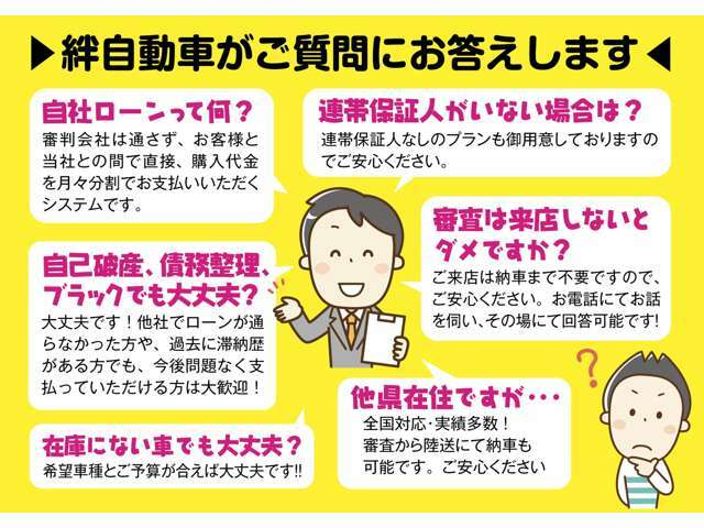 自社ローンで、多くのお客様の質問をまとめておりますので、ご参考にして下さい。それ以外のご質問があれば、お気軽にお問い合わせ下さい！！