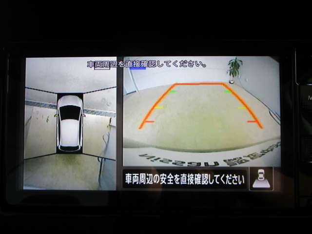ナビモニターに4つのビュー（「トップビュー」「フロントビュー」「サイドブラインドビュー」「バックビュー」）を表示。狭い場所での駐車でも、周囲が映像で確認できます。
