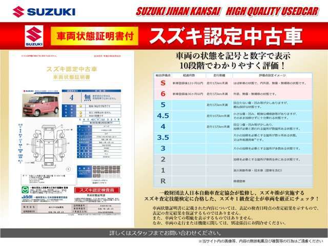 車両の状態が一目でわかる車両状態証明書付の「スズキ認定中古車」！一般財団法人日本自動車査定協会が監修し、スズキ査定技能検定に合格した認定1級査定士が車両をチェック！良質車を厳選し販売を行っております！
