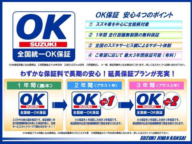 1年間の基本保証を2年延長した合計3年保証。保証期間内は走行無制限で、お買い求め頂いたお車の車両本体価格（消費税抜き）まで保証を受けられます。全国スズキサービスネットワークによるサポート体制で安心です。
