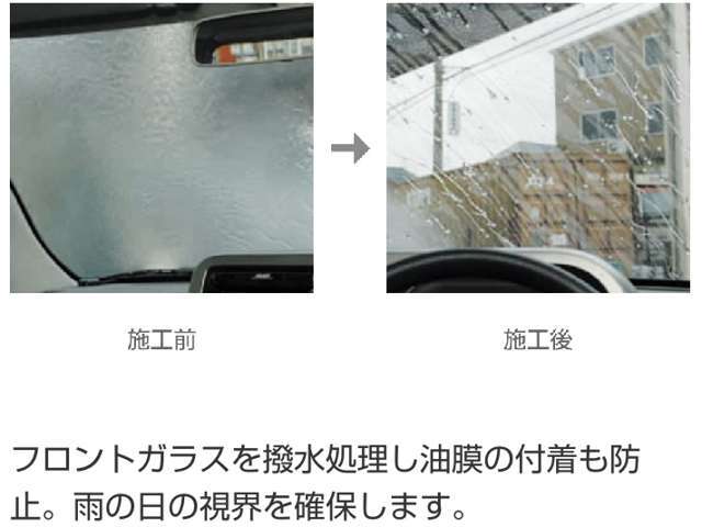 ◇お手入れラクラク　◇油膜の付着を防止　※撥水処理した後は雨粒が水玉となってはじけ飛び、良好な視界を確保できます。