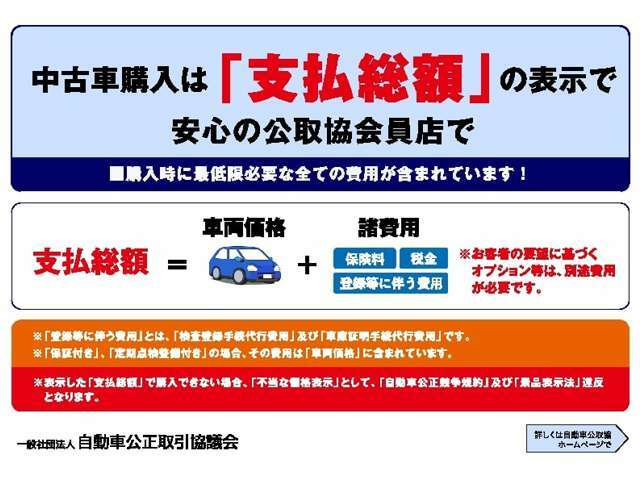 弊社の場合、表示の「お支払総額」には、《納車前整備に関わる点検/整備/修理/交換部品代金等の一切の費用》《数十キロに及ぶテスト走行》《車体下廻り高圧洗浄＆防錆塗装》《JAF新規加盟料》も含まれます。