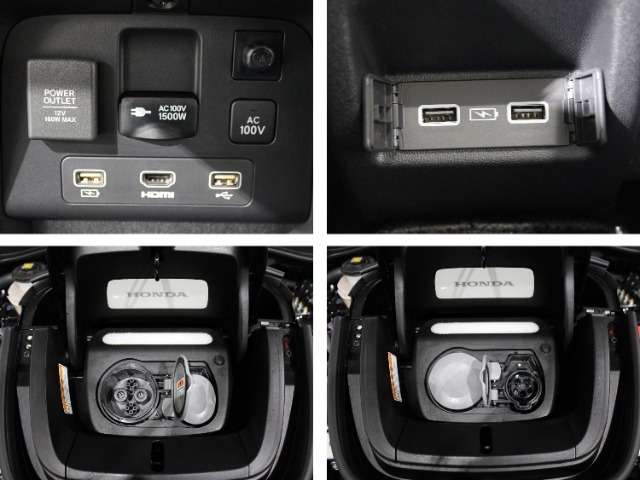 アクセサリー電源シガーソケット、スマートホンなどの急速充電やオーディオ接続用USBポート、HDMIポートが付いています。また車内には100V給電ジャック、車外には急速充電、外部給電ポートがあります。