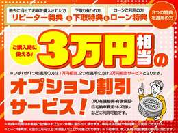 3つの特典はじめました！自宅陸送費やキズ直し、希望ナンバー、ガラスコーティングなどお客様が注文されたオプションに御利用いただけます。