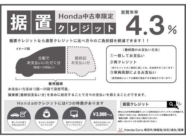 ホンダ中古車限定「据置クレジット」4.3％の低金利で月々の支払い楽々。詳しくはスタッフまで。