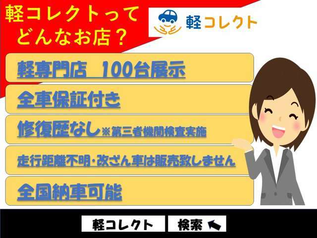 軽自動車100台展示、全車保証付き、修復歴無、走行距離改ざん無