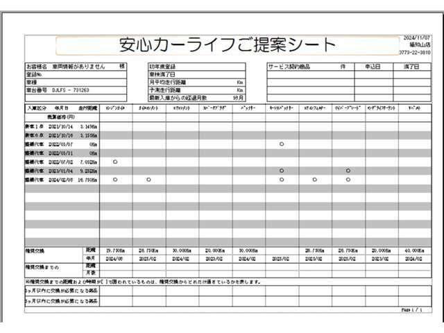 【安心カーライフサポートシート】京滋マツダでは、ご安心いただけるよう、新車をご購入いただいてからの整備歴を明確にしています。